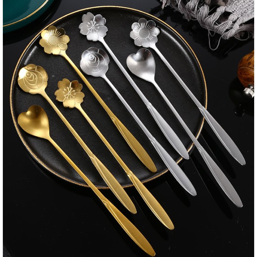 Thìa cà phê Inox cán dài 18cm hình bông hoa phong cách Nhật Bản