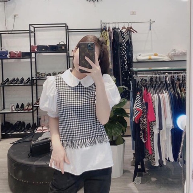 Áo sơ mi cộc tay phối caro