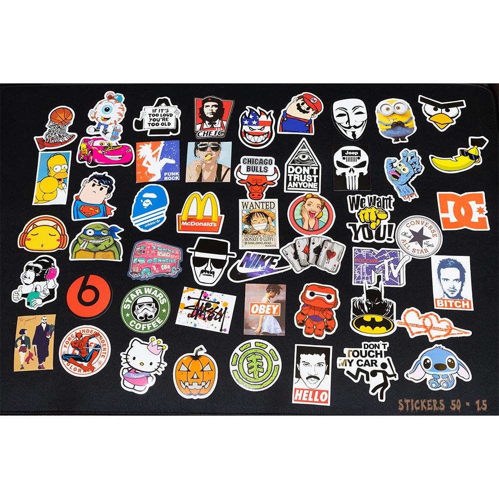 Bộ 20 50 miếng dán sticker, stickers cao cấp nhiều chủ đề trang trí Vali Laptop Mũ Bảo Hiểm Xe Máy Xe Đạp Guitar Ukelele