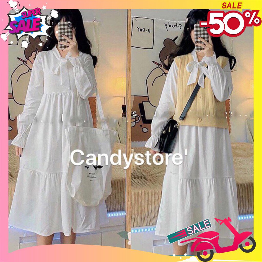 Đầm nữ  🦋 thắt nơ ngực váy trắng và đen đầm dự tiệc đi chơi du lịch váy dài mix kèm áo len gile áo khoác hay cadigant | BigBuy360 - bigbuy360.vn