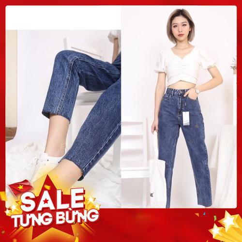 quần jean nữ dáng thụng xước, cạp cao - Hàng nhập khẩu