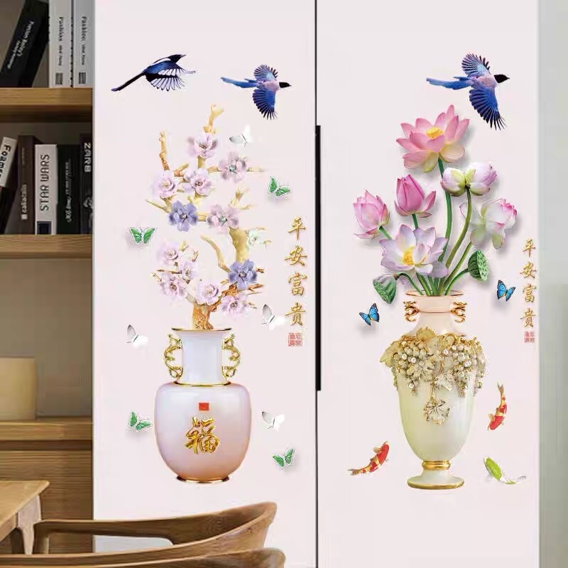 Combo 2 tranh Decal dán tường phòng khách bình hoa và công