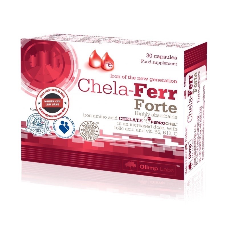 Sắt Chela-Ferr Forte - Hỗ trợ bổ sung và dễ hấp thụ sắt. Hỗ trợ cải thiện thiếu máu do thiếu sắt (Hộp 30 Viên)