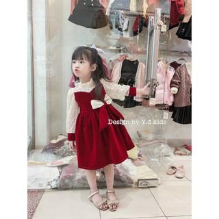 Váy Nhung Đỏ Phối  Ren Trắng