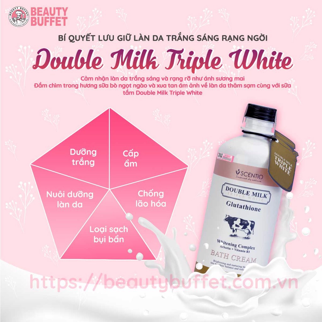 Sữa Tắm Beauty Buffet Con Bò Thái Hồng Double Milk Triple White Chứa Glutathione &amp; Arbutin Dưỡng Sáng Da 350ml