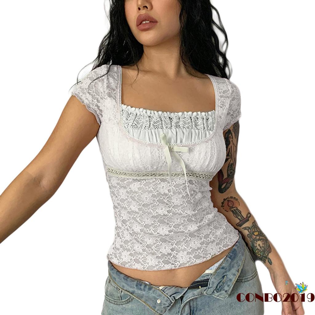 Áo Thun Crop Top Tay Ngắn Cổ Vuông Phối Ren Thời Trang Mùa Hè Cho Nữ