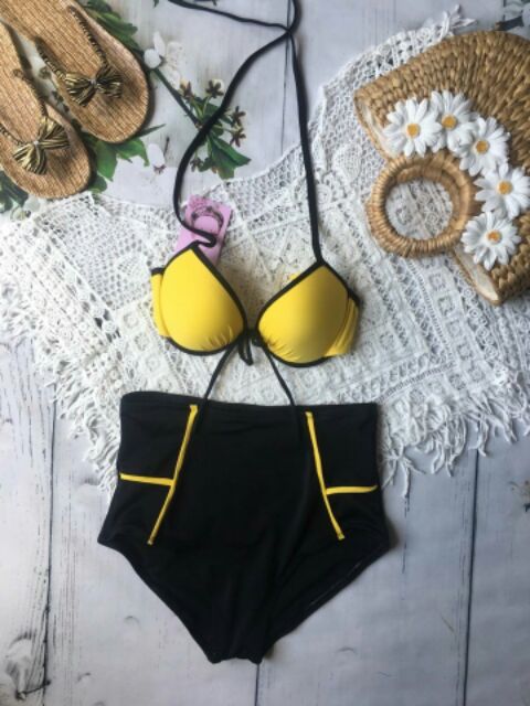 Bikini 2 mảnh quần cạp cao. Hai màu vàng &amp; đỏ.