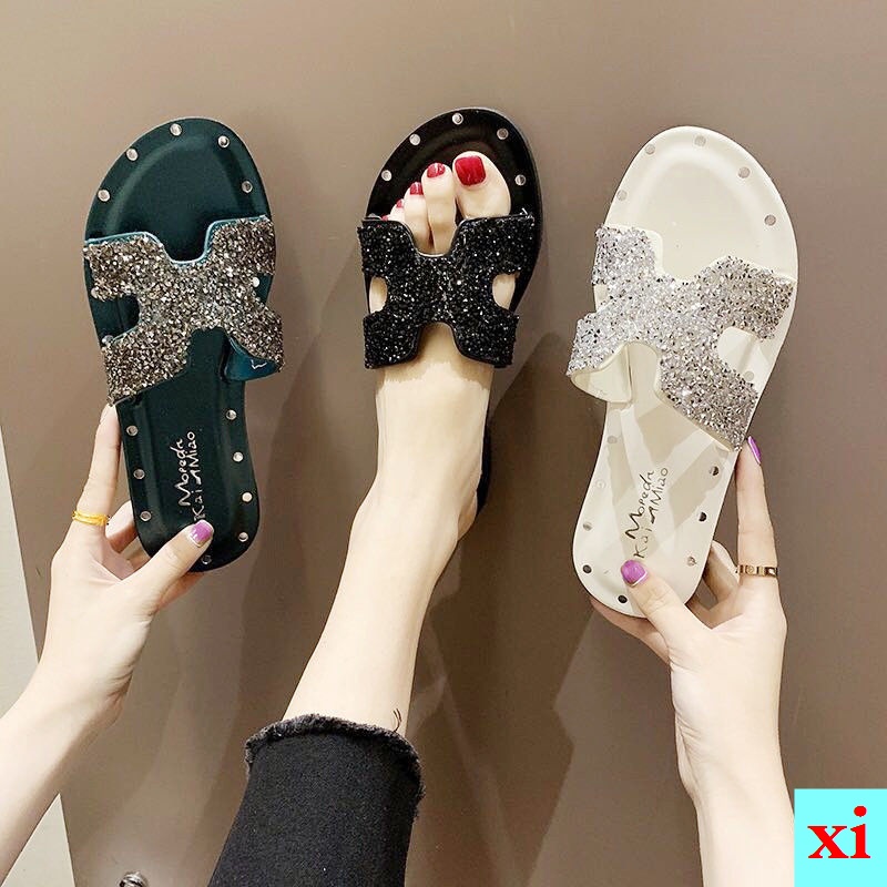 Giày Sandal Đính Đá Kim Sa Hình Chữ H Phong Cách Hàn Quốc Thời Trang Mùa Hè 2019 Mới