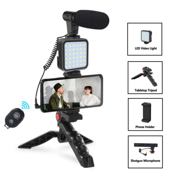 Bộ thiết bị Vlog cho điện thoại bao gồm mic thu âm và đèn LED  - Gậy quay phim, chụp ảnh, live stream 3 chân kèm micro