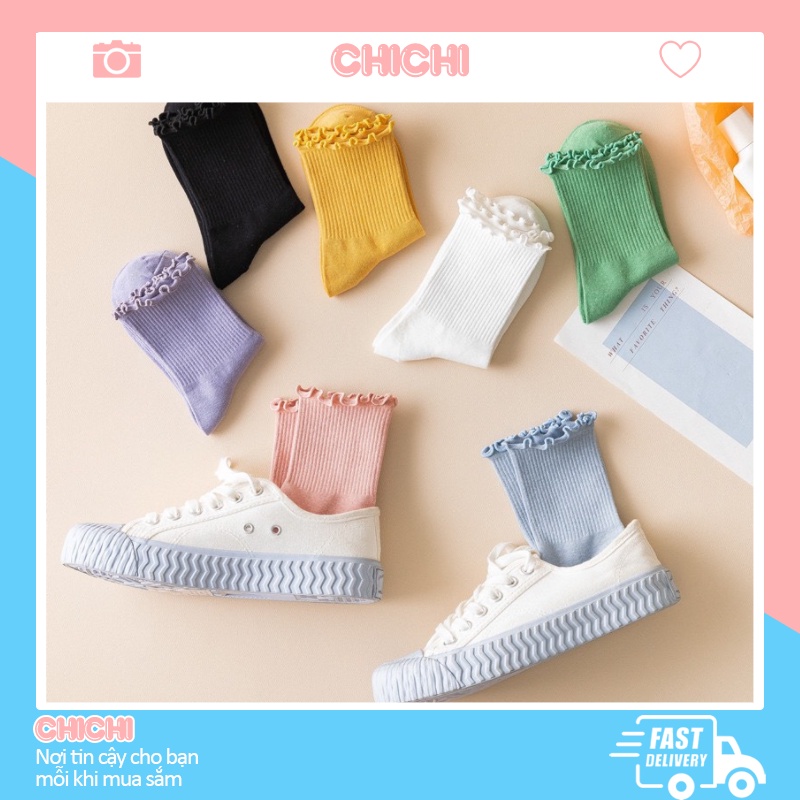 Tất vớ nữ cổ cao trơn bèo nhún Hàn Quốc cute cotton dày đẹp dễ thương Chichi T03