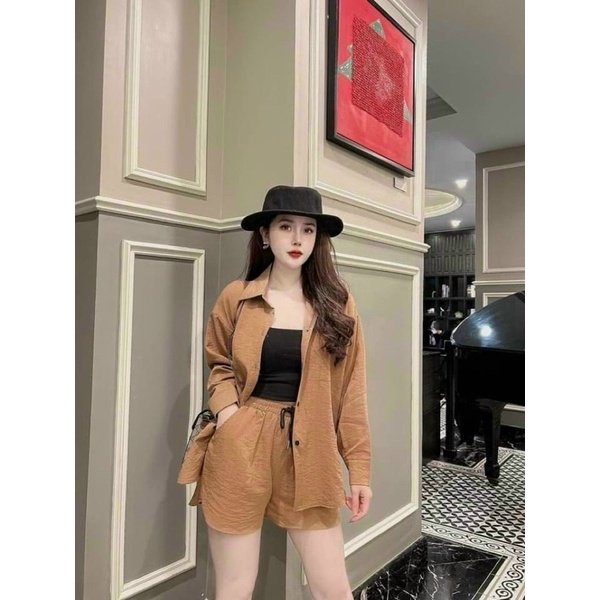 Set Đùi Đũi 3 Món Áo sơ mi đũi + Áo 2 dây + quần đùi lưng chun cao
