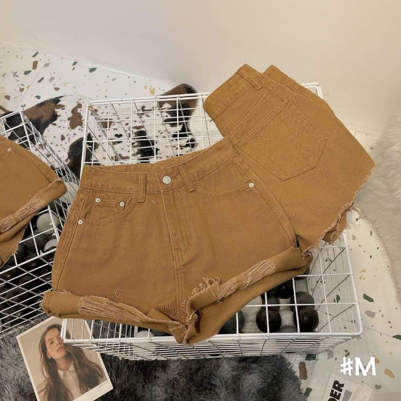 Quần sooc jean nâu rách gấu L1