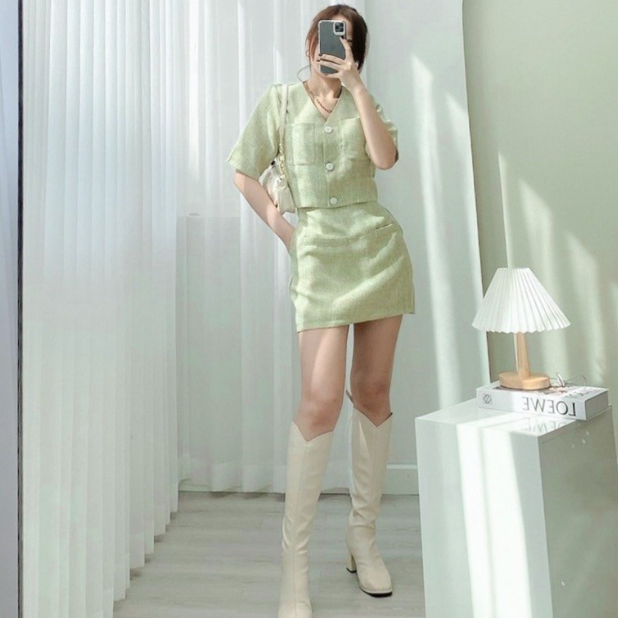 Set Áo Dạ Kèm Chân Váy Sang Chảnh Phong Cách Hàn Quốc 2 Lớp - Hàng Thiết Kế De Mila SD75