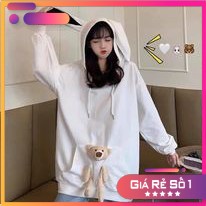 Áo hoodie tai thỏ phối gấu Ulzzang Hàn Quốc form rộng unisex nam nữ