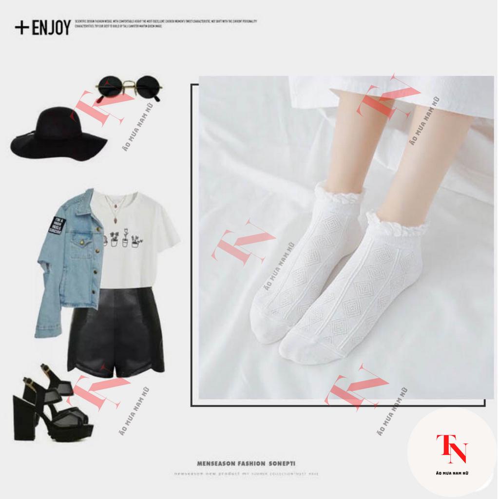 Tất nữ cổ ngắn chất liệu vải cotton, set 5 đôi tất vớ trắng phong cách Hàn Quốc dễ thương M26C3 - Tình Ngọc Store
