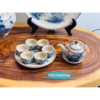 Bộ ấm chén men rạn cổ quai mây kèm khay