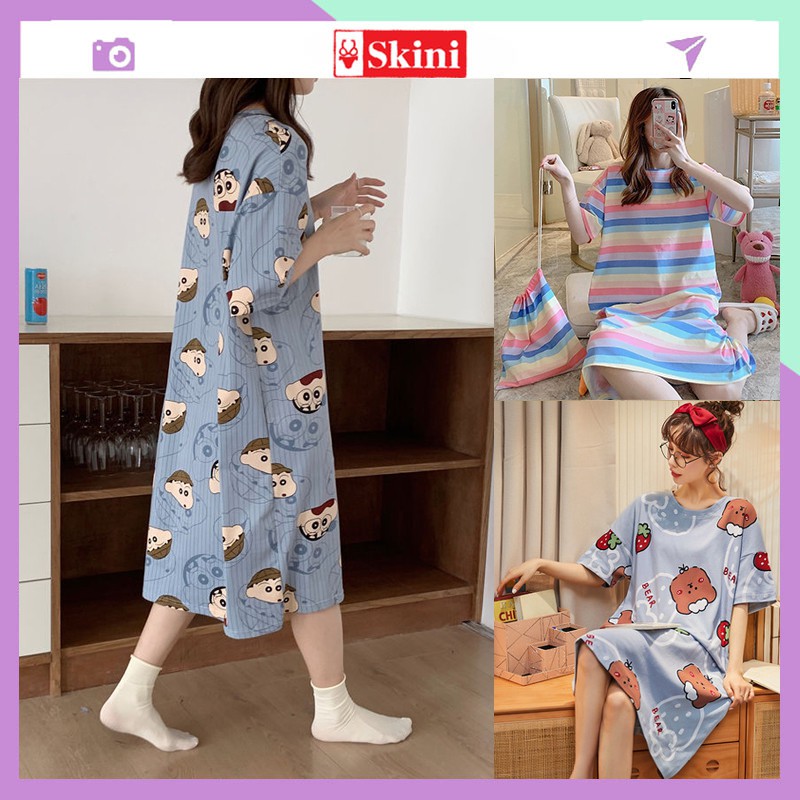 Váy Nữ ❤️FREESHIP❤️ Ngủ Cộc Tay sexy, Đầm Ngủ Suông Chất Cotton Mềm Mát Mặc Nhà Dễ Thương_VN33