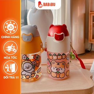 Bình nước cho bé, bình nước đi học cho bé có ống hút dung tích 470ml, bình uống nước cho bé có dây đeo babibu