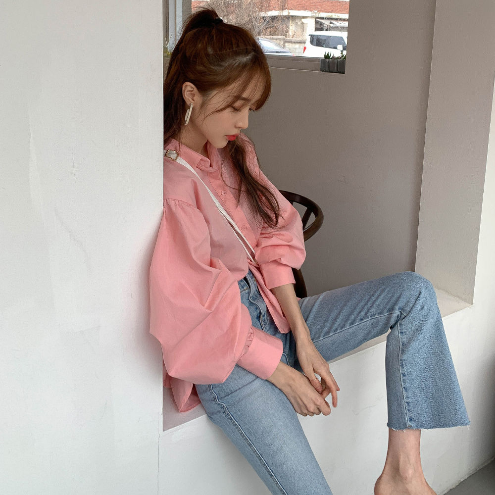 Áo Kiểu Nữ Blouses Women New Korean loose lantern sleeve long sleeve student college style pink