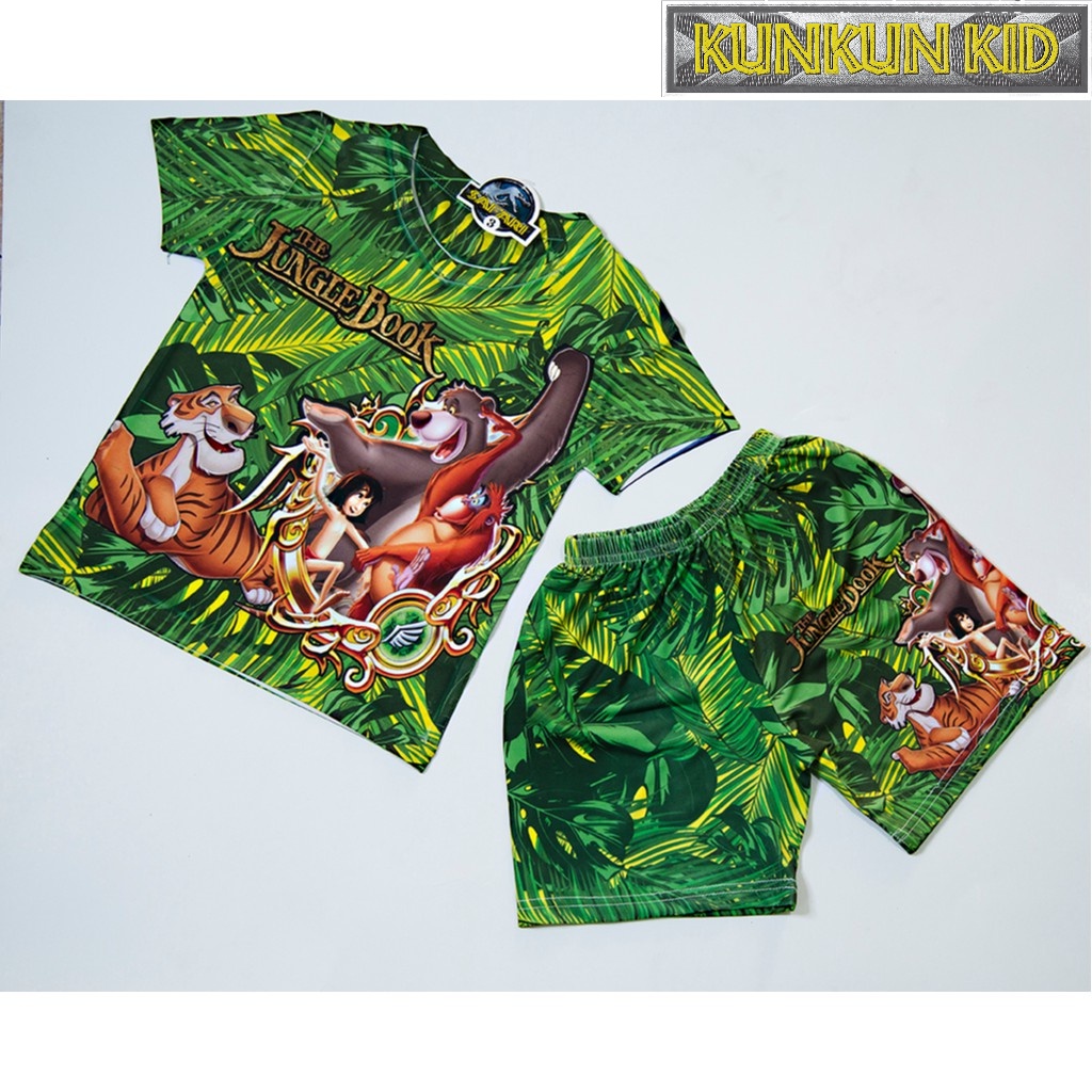 Set đồ cho bé trai tay ngắn thun lạnh In 3D hình Jungle Book xanh thiên nhiên size từ 10kg - 60kg Kunkun Kid TP042