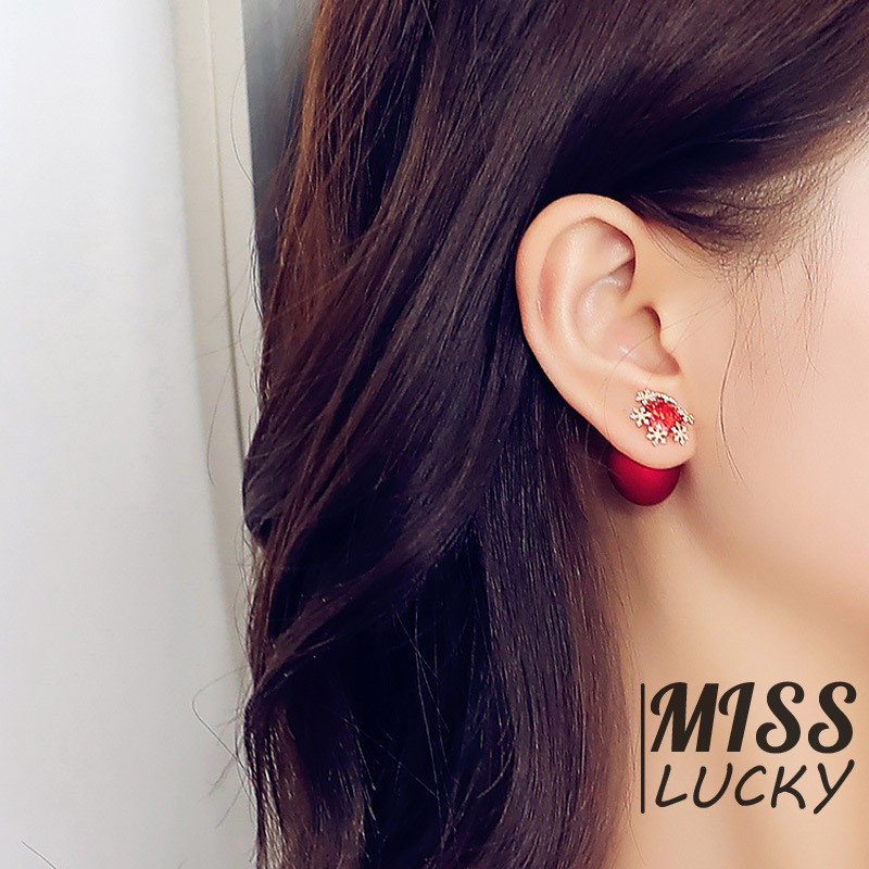 Khuyên tai phối đá tròn màu đỏ thiết kế thanh lịch dành cho nữ