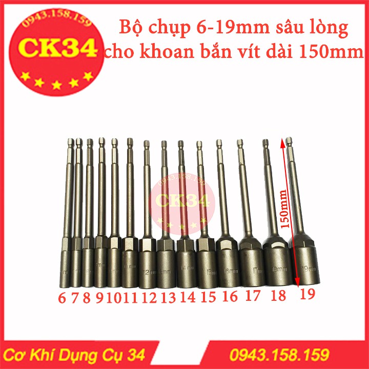 Chụp bulong, tuýp vặn khẩu sâu lòng 6-19mm cho khoan, bắn vít dài 150mm chuôi lục giác 14pc