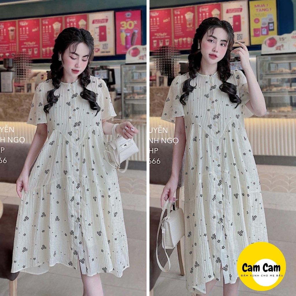 Váy bầu xinh chất liệu lụa mát, 2 lớp trắng hoạt tiết đen, 2 mẫu cực xinh