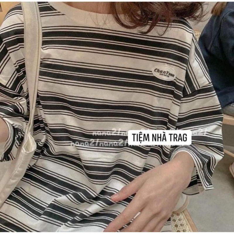 [Rẻ Vô Địch] Áo cotton tay lỡ Unisex mặc đôi ,nhóm , lớp------ Áo kẻ ngang in logo