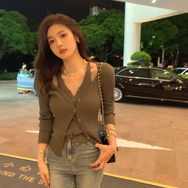 Áo Len Tay Dài Giả Hai Lớp Cổ Chữ v Thời Trang Hàn Quốc Cho Nữ