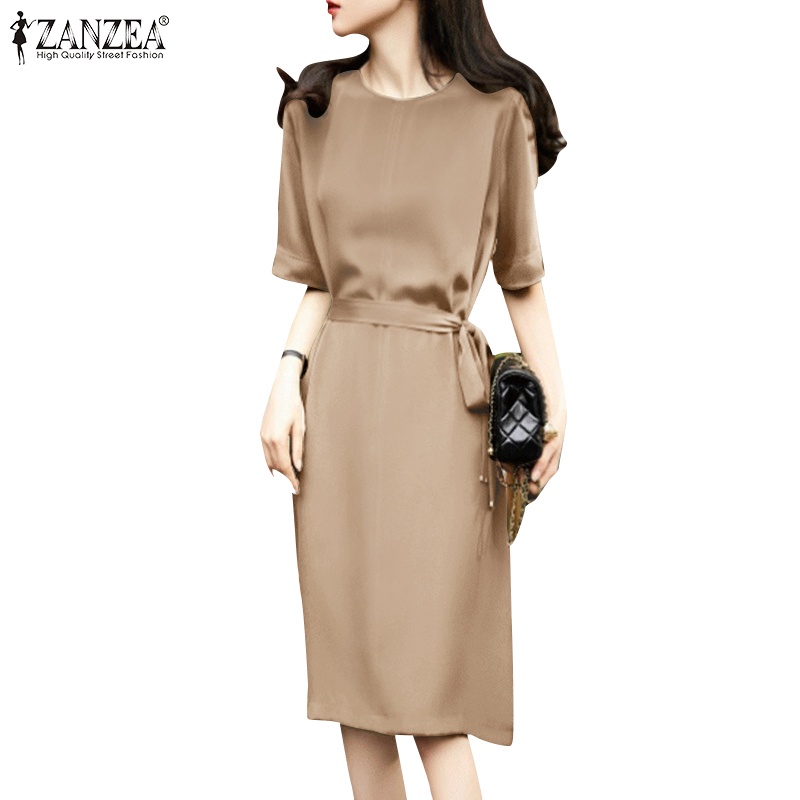 Đầm ZANZEA cổ tròn tay lửng eo vừa vải satin thời trang thanh lịch tùy chọn màu sắc dành cho nữ
