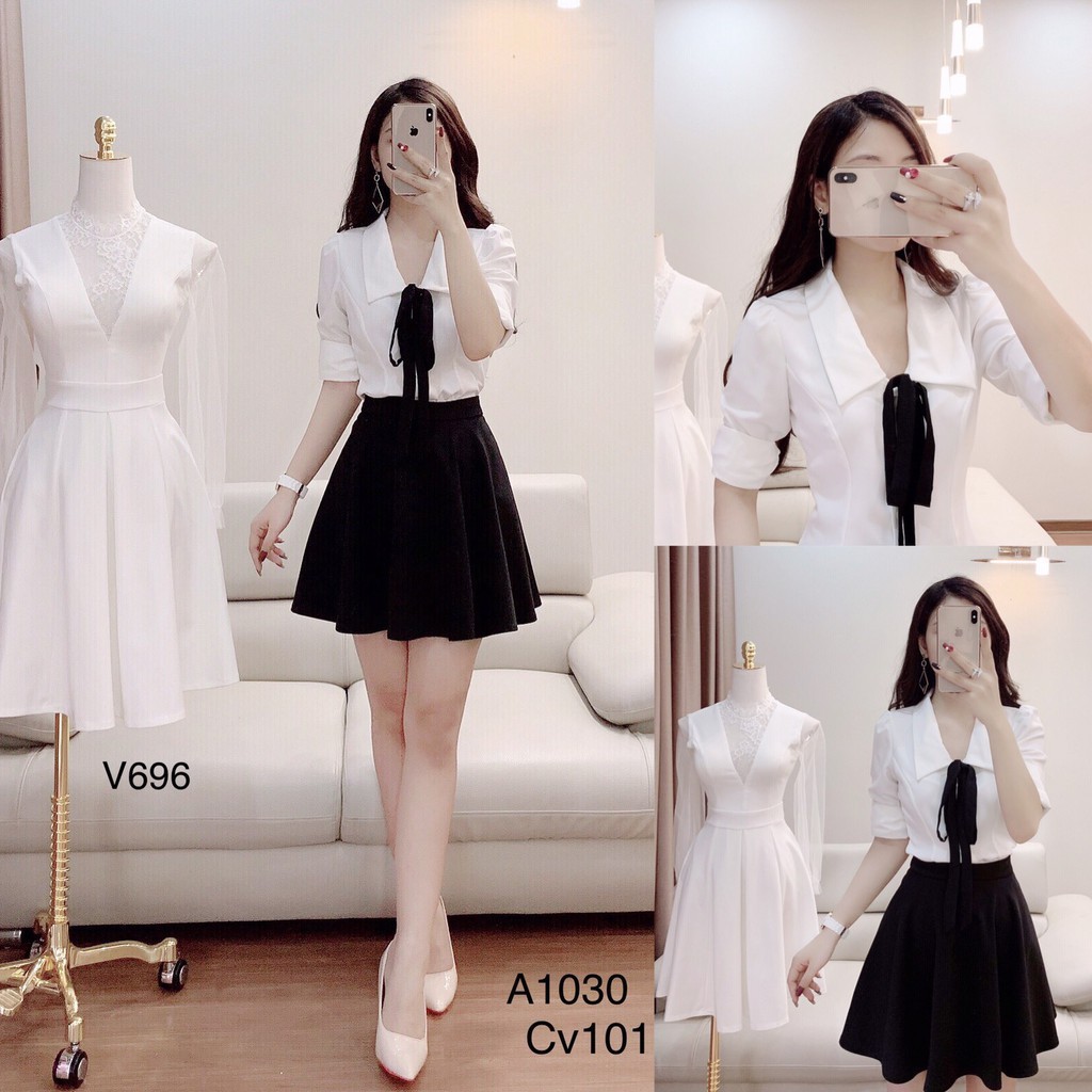 [ xả kho ] MiD Set đen trắng cổ bẻ V1030 Mie Design ảnh thật