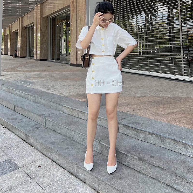 Sét Thô Áo Sơ Mi Dáng Croptop Mix Chân Váy Hàng Cao Cấp SB008