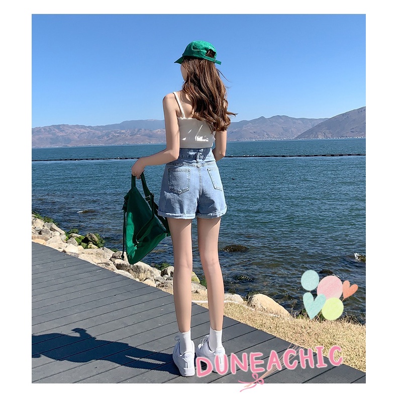 DUNEA Quần Short Denim Lưng Cao Ống Rộng Phối Túi Cá Tính Dành Cho Nữ