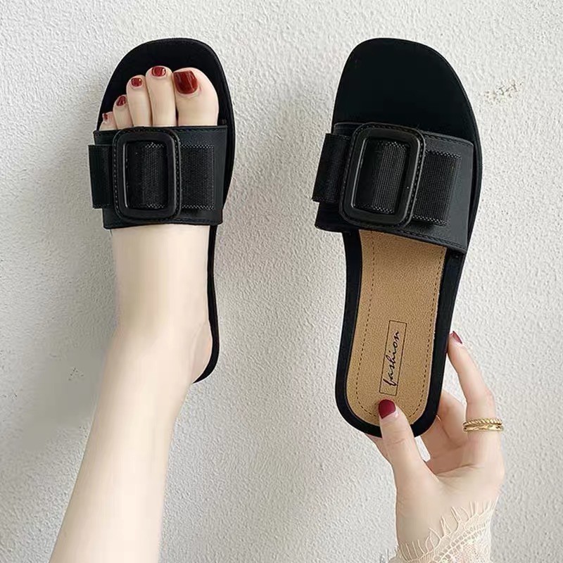 (Hàng Giới Hạn)Dép lê nữ quai ngang vuông đính khuy size 36-40