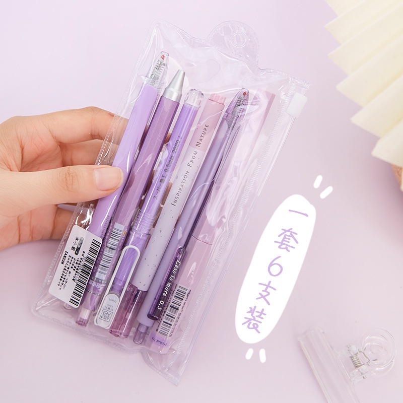 Set 6 bút gel đen thân vỏ pastel trong suốt