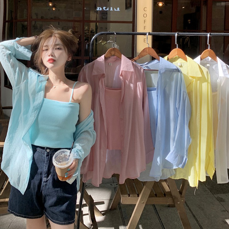 Pure color sunscreen shirt jacket women summer thin section 2021 new outer wear loose design sense niche long-sleeved top