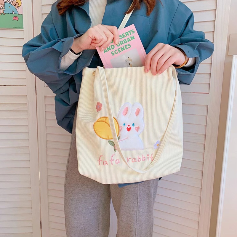 Túi Xách Tote Vải Nhung Kẻ In Hình Thỏ / Gấu Cỡ Lớn Cho Nữ