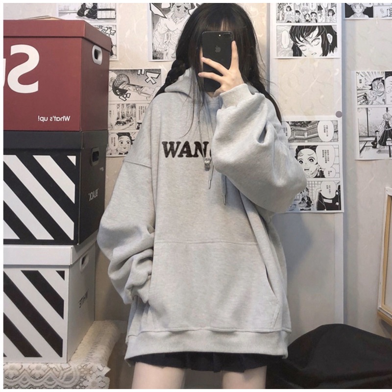 Áo Hoodie Nỉ Bông WAN9GQQ Unisex Tay Suông Mũ 2 Lớp Túi Bụng To