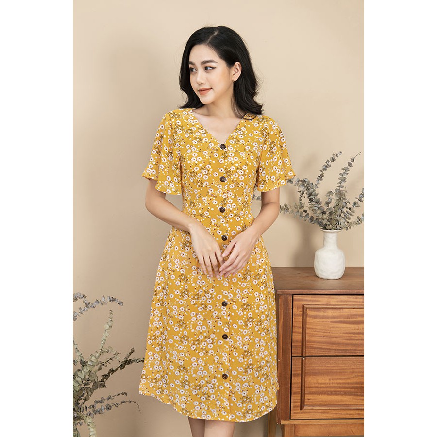 [Freeship] Váy hoa thiết kế cổ V phối hàng cúc giữa, Váy hoa nhí  3 màu Xanh - Vàng - Đen 4 size S M L XL -  e1062