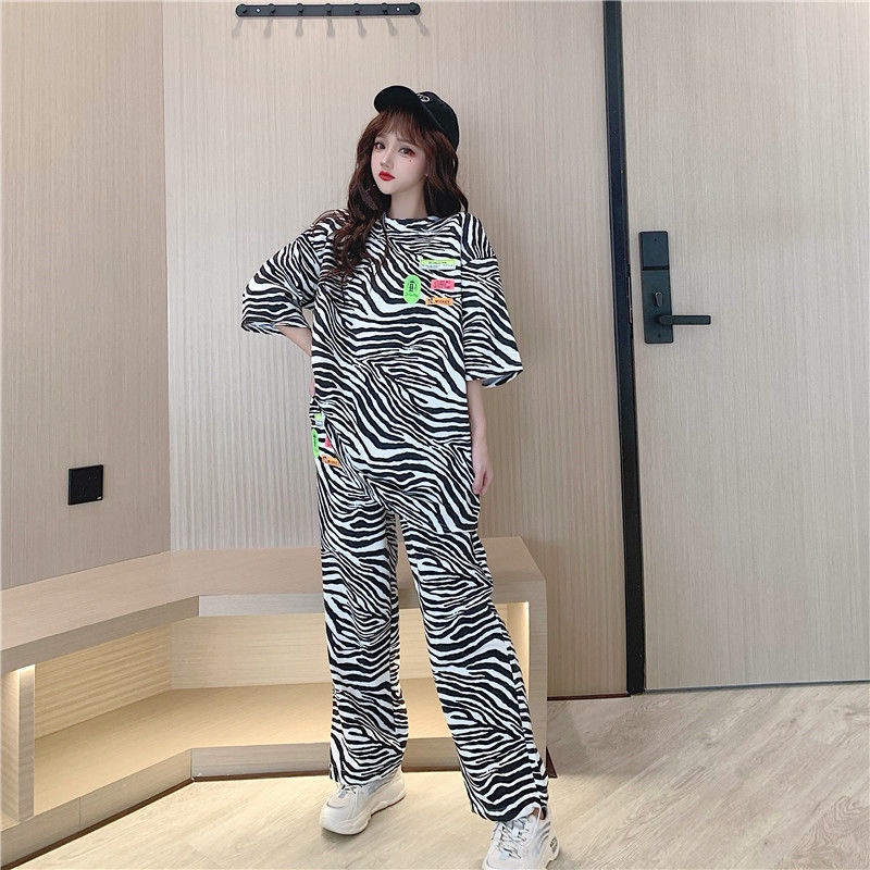 Western style suit women's summer new Korean loose short sleeved T-shirt + high waist legged casual pants Zebra Print two-piece set