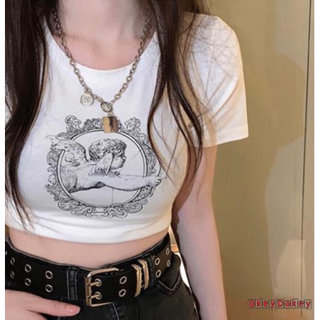 Áo Thun Crop Top Cổ Tròn In Họa Tiết Thiên Thần Thời Trang Mùa Hè Cho Nữ