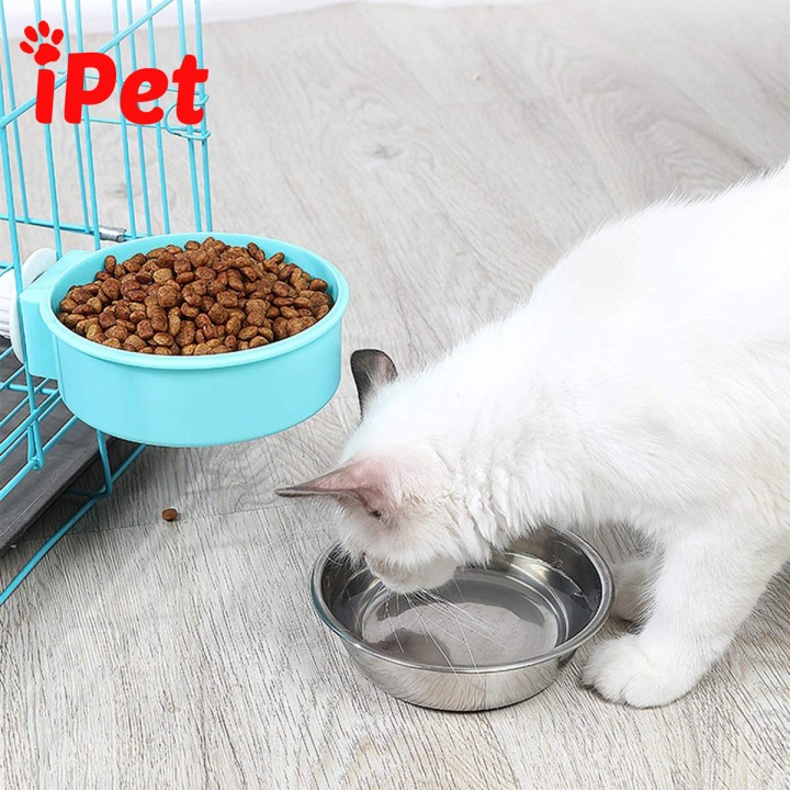 Bát Ăn Inox Gắn Chuồng Lồng Cho Chó Mèo 2 Lớp Tháo Rời - iPet Shop