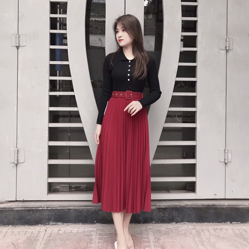 Chân Váy Dài Xếp Ly Kèm Đai Cao Cấp