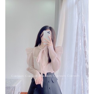 Áo voan cổ nơ hồng, cv tafta đen