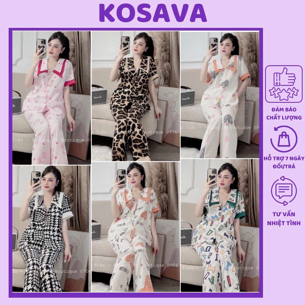 Đồ bộ nữ pijama mặc nhà cổ nhọn tay ngắn dễ thương chất liệu satin cao cấp KOSAVA