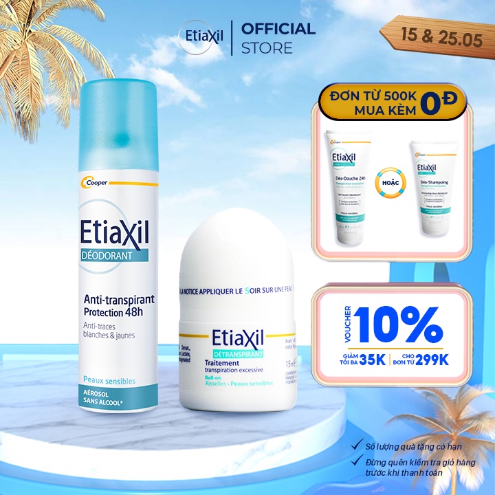 Combo Lăn ngăn mùi và điều tiết mồ Hôi Etiaxil Nhãn Xanh 15ml và Ngăn mùi Dạng Phun Sương Etiaxil 150ml