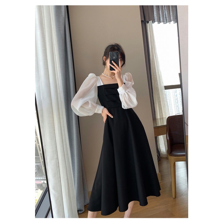 Đầm dài tay cổ vuông màu đen phong cách retro Pháp thời trang mùa thu cho nữ