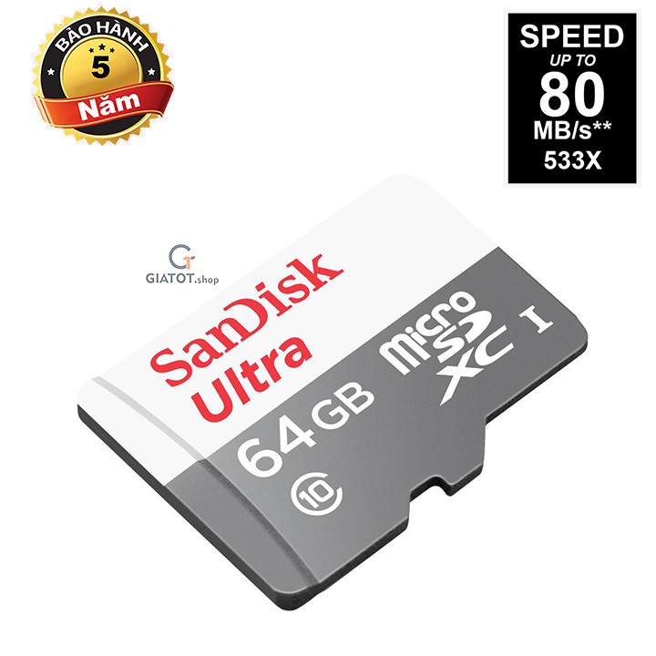 Thẻ nhớ 64Gb SanDisk Ultra Class 10 80Mb/s chính hãng-BH 5 năm