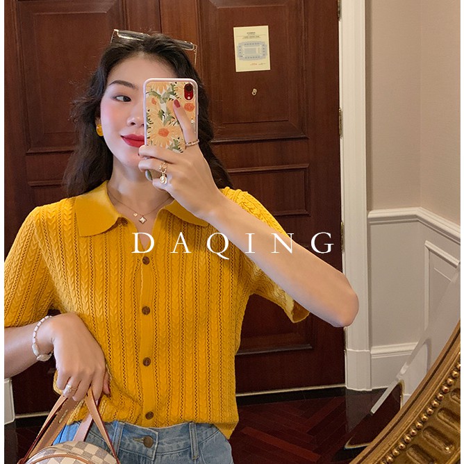 Áo Cardigan Dệt Kim Tay Ngắn Dáng Rộng Cổ Polo Phong Cách Hàn Quốc Thời Trang Cho Nữ | BigBuy360 - bigbuy360.vn
