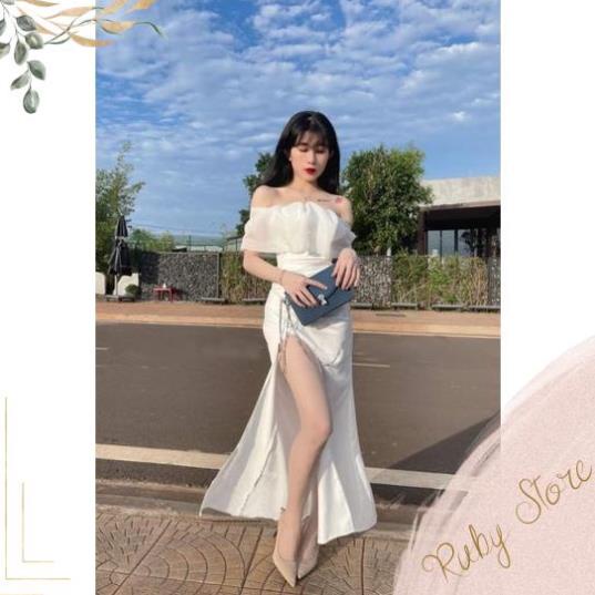 Đầm dự tiệc body xẻ tà trễ vai đính cườm sang chảnh Silk Dress [ẢNH TRẢI SÀN]